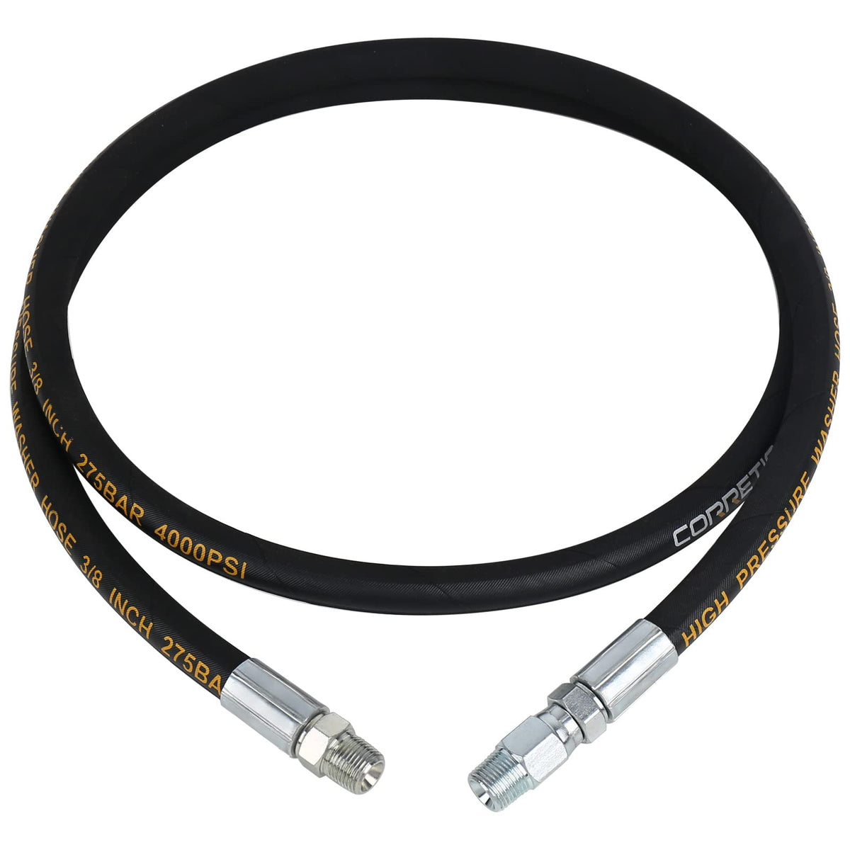 Corretic front view whip hose showing full 6 ft length and connectors, durable connector benefit