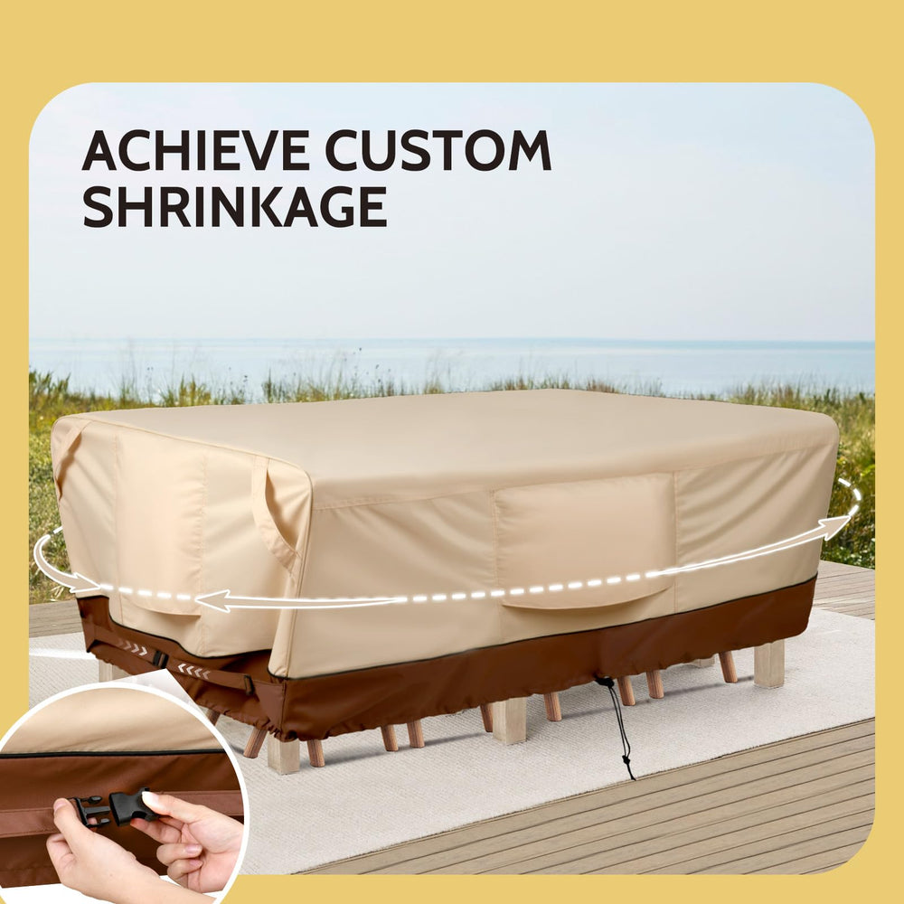 COSFLY cover in backyard lifestyle shot protecting furniture from rain and sun
