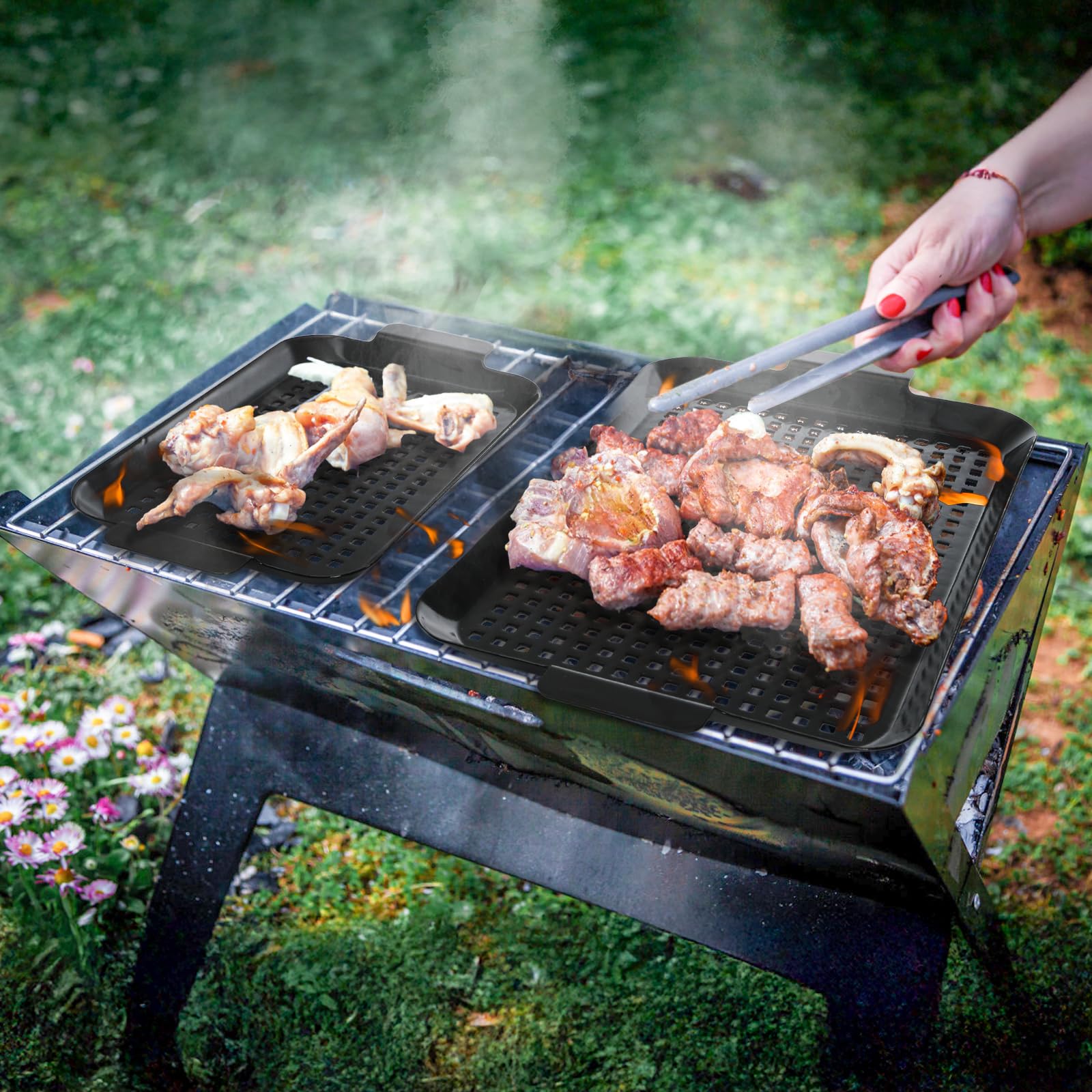 Covzoe pans in use on charcoal grill delivering smoky flavor and easy flipping