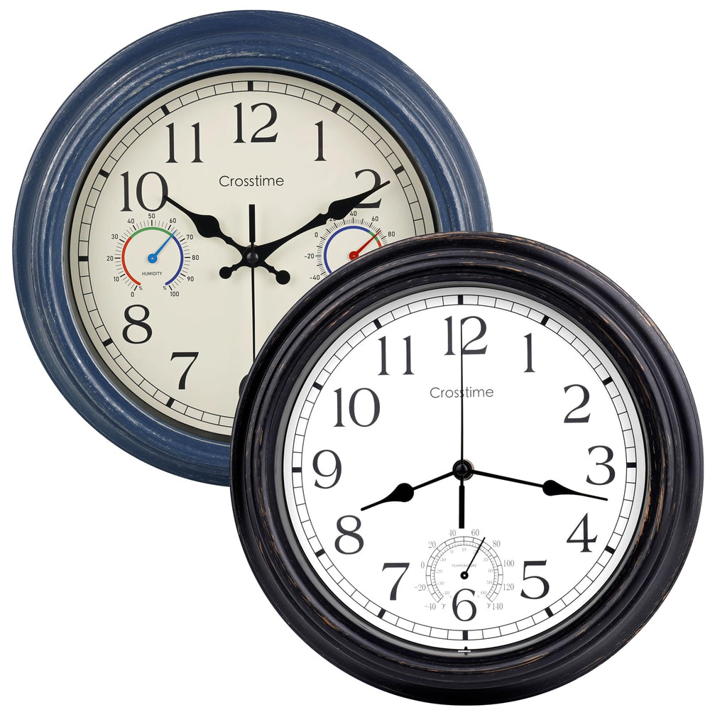 Crosstime front view of both 12-inch vintage clocks showing easy readability and style