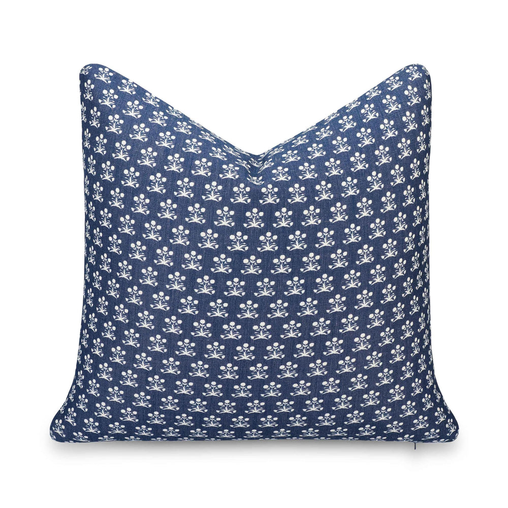 Crumbs Home dark navy pillow front view showing coastal floral and water-repellent finish