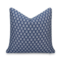 Crumbs Home dark navy pillow front view showing coastal floral and water-repellent finish