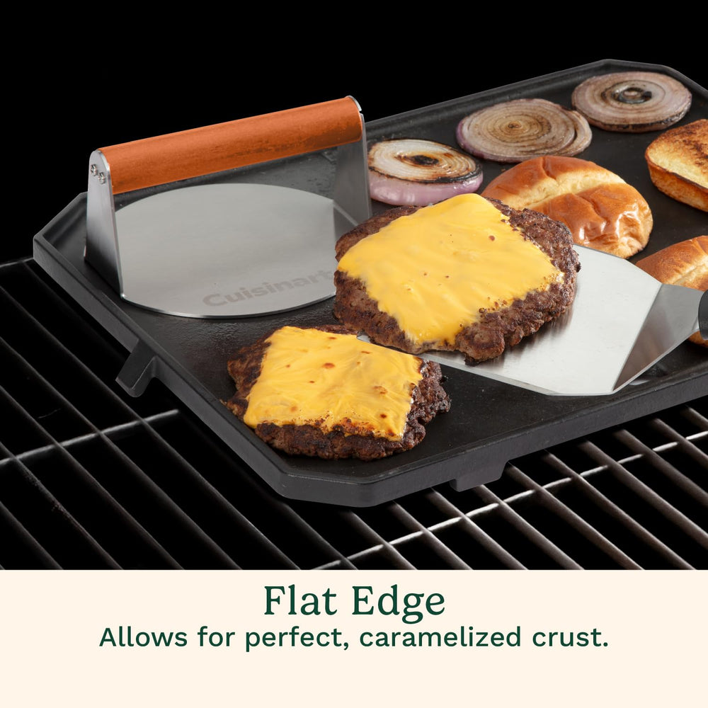 Cuisinart press in use on hot griddle creating caramelized burger crust rapidly
