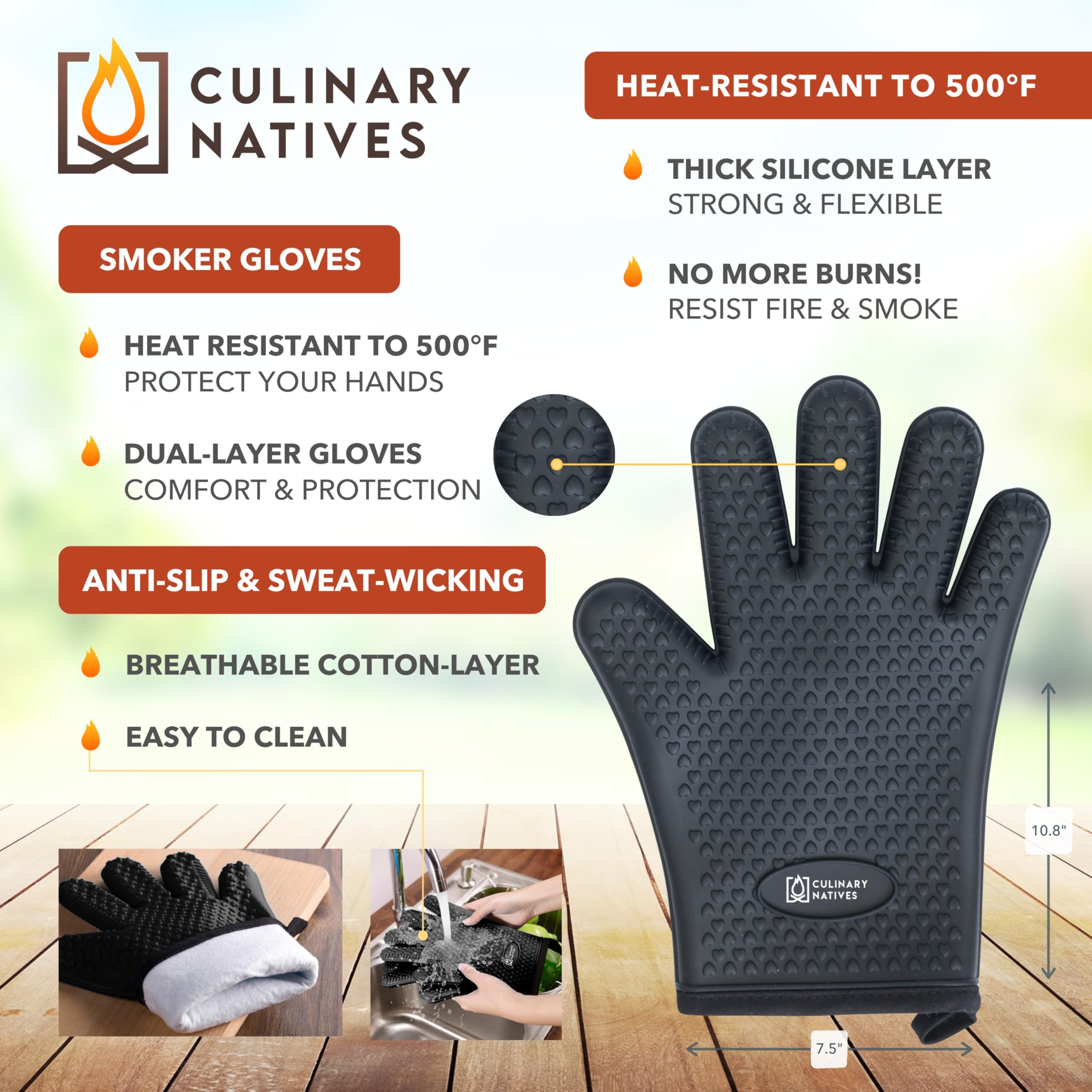 CULINARY NATIVES glove close-up showing silicone texture and secure grip benefits