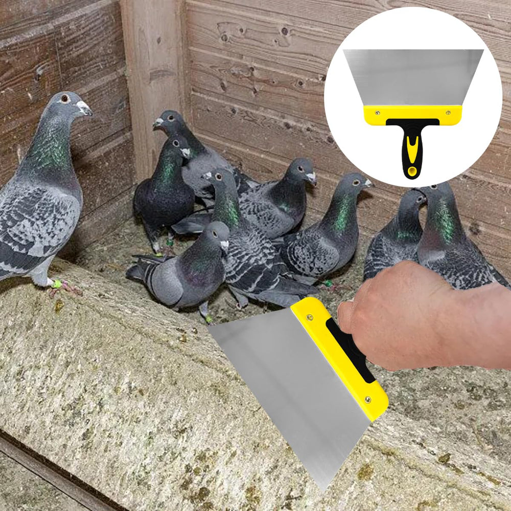 Cunguv scraper in use on concrete driveway clearing pigeon droppings quickly and cleanly