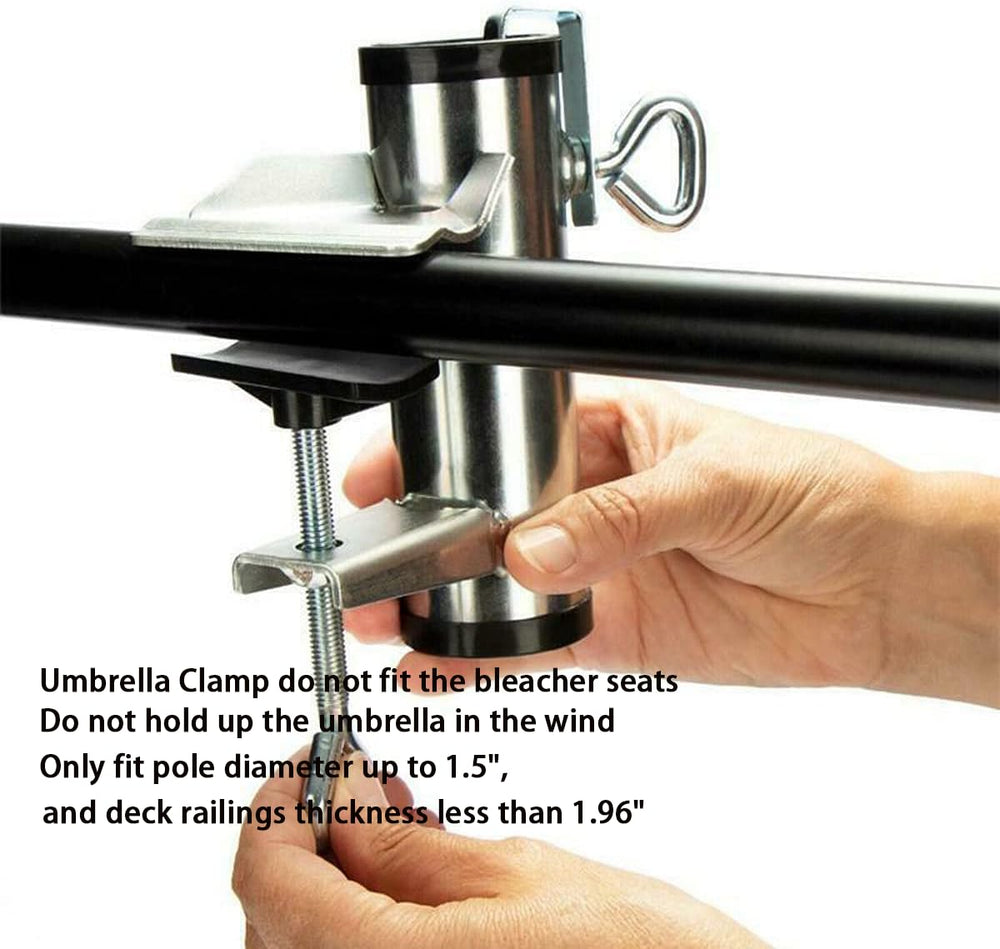 Cunguv clamp attached to deck rail demonstrating stable umbrella support