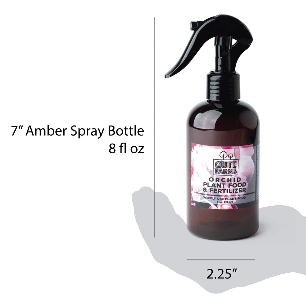 Cute Farms bottle beside potted orchid to show size and practical at-home use benefit