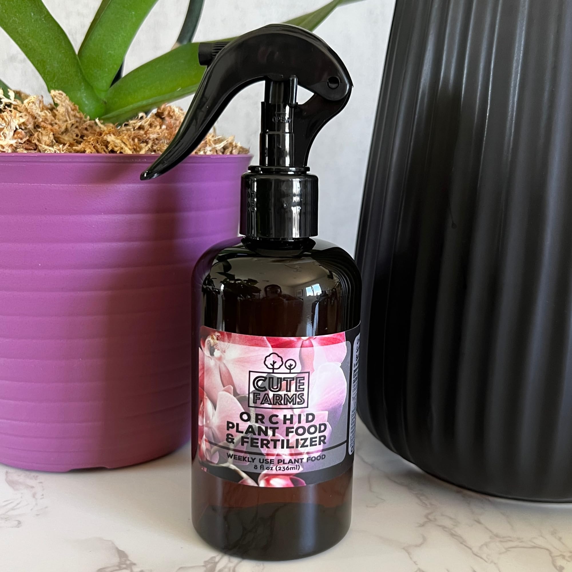 Cute Farms bottle on a shelf with orchids in background, supports organized plant care