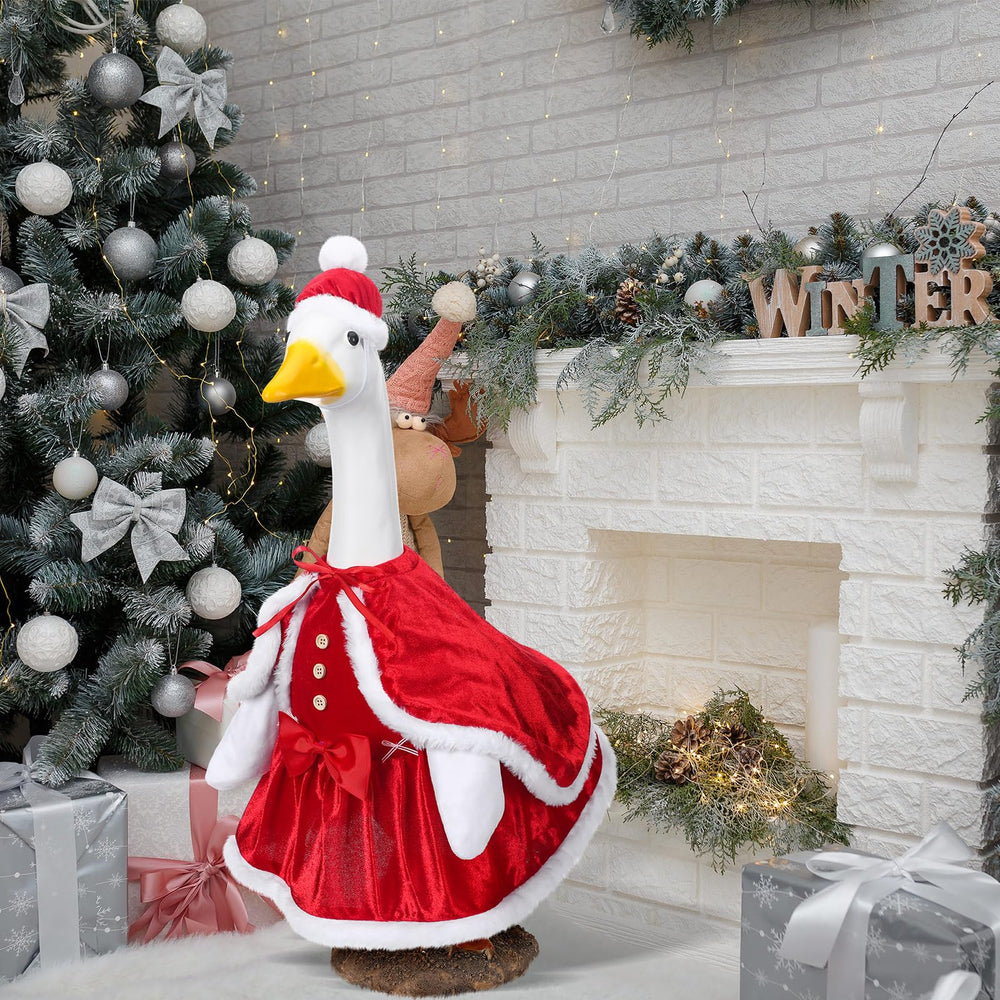 Cutecrop dressed goose with holiday lights creating welcoming porch ambiance