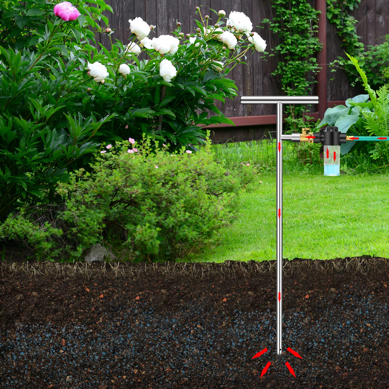 DACK root feeder with 3.5 oz fertilizer bottle attached displaying combined watering and feeding benefit