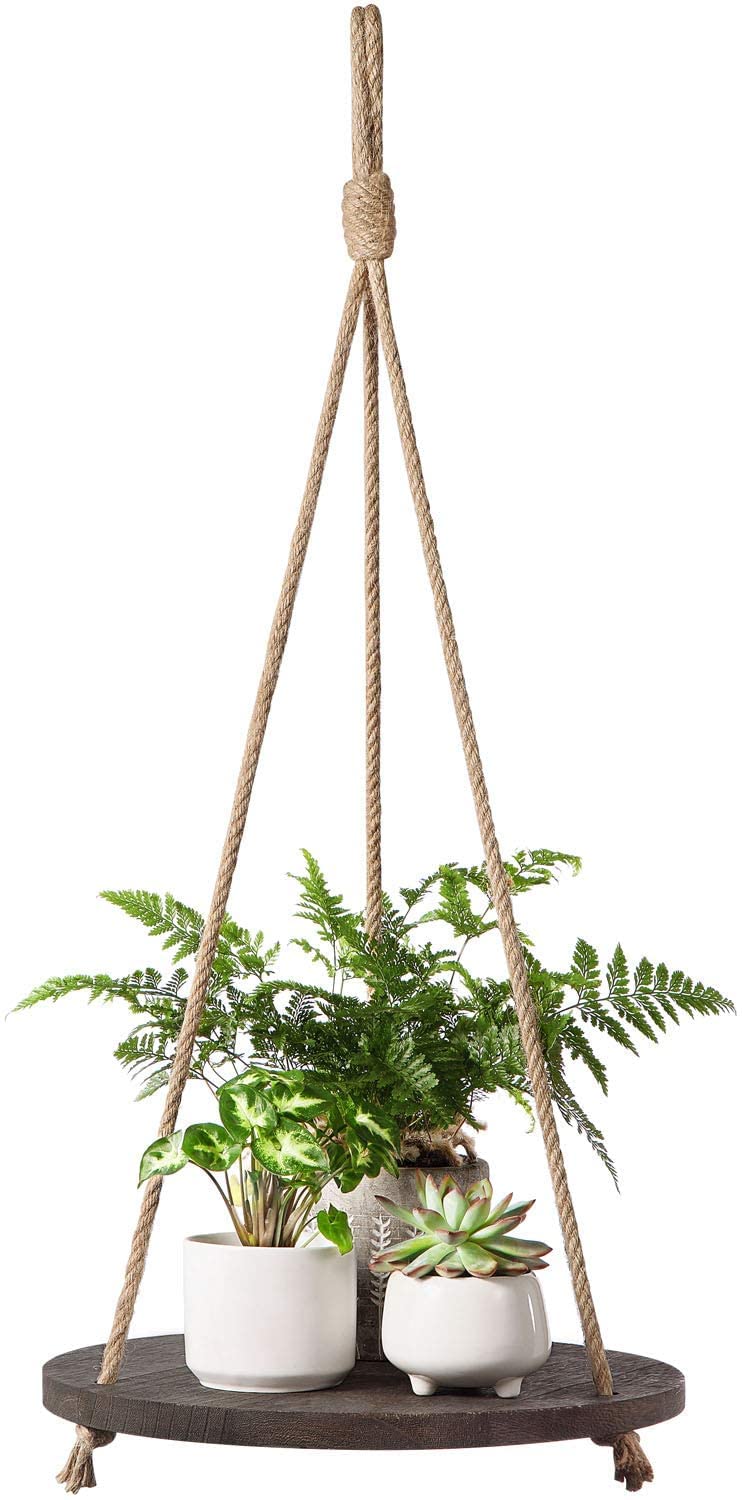 Dahey front view round plant shelf showing rustic espresso finish and shape
