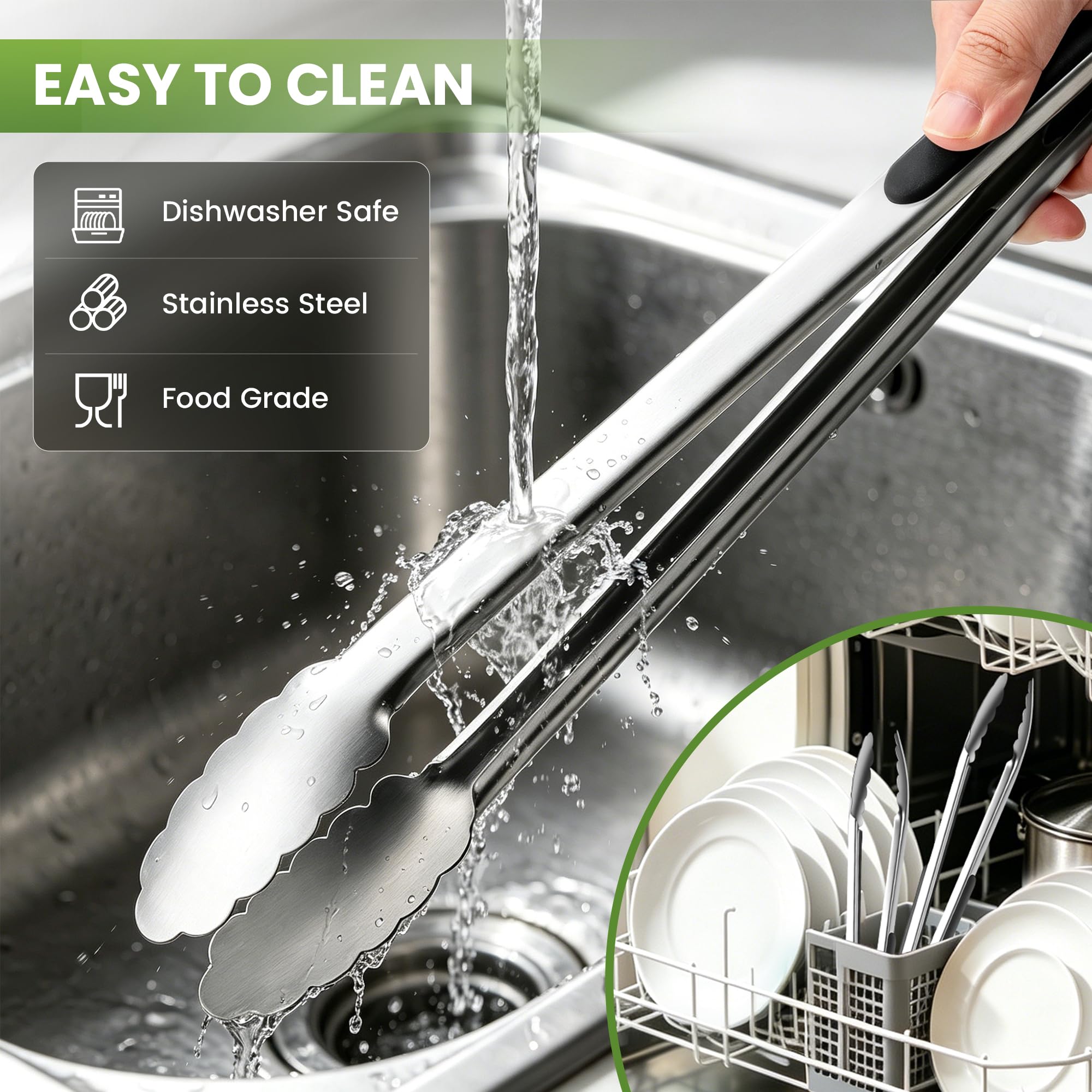 DAILY KISN tongs inside dishwasher illustrating easy cleaning and low maintenance