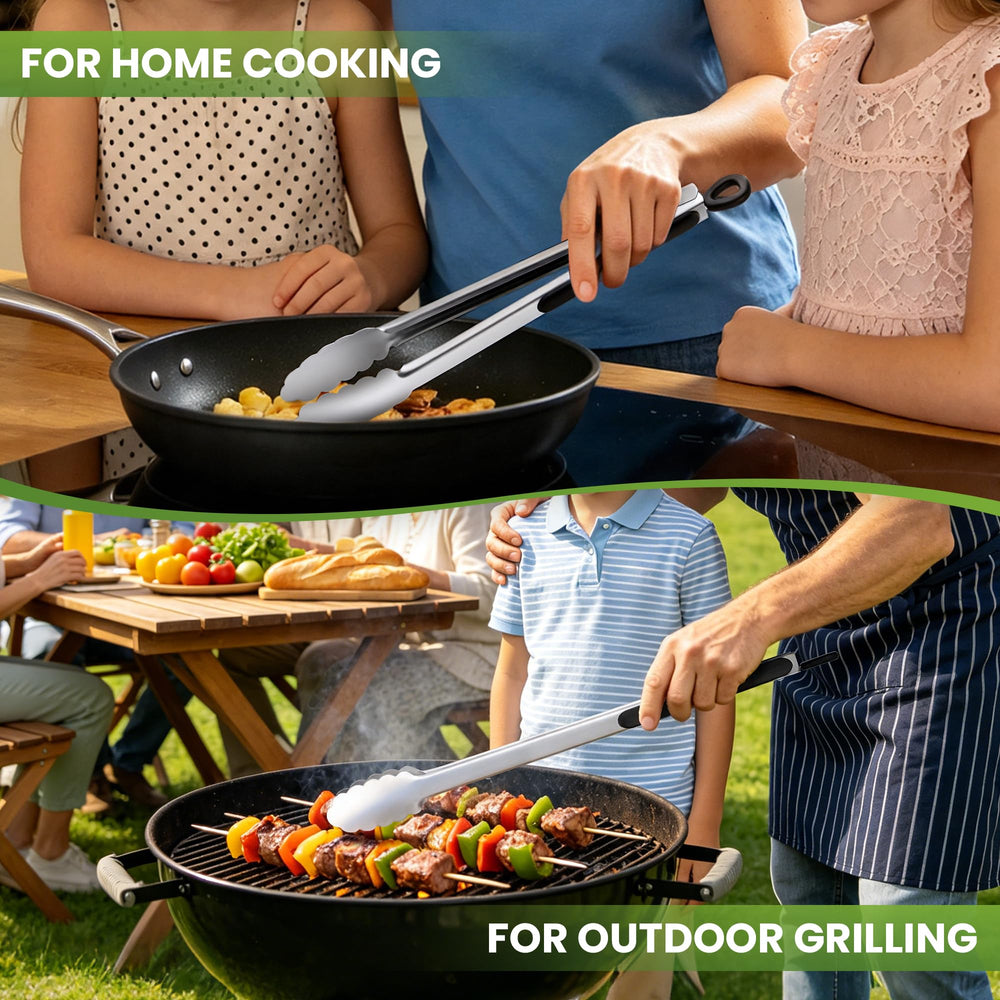 DAILY KISN tongs lifting burgers on a hot grill demonstrating safe distance from flames