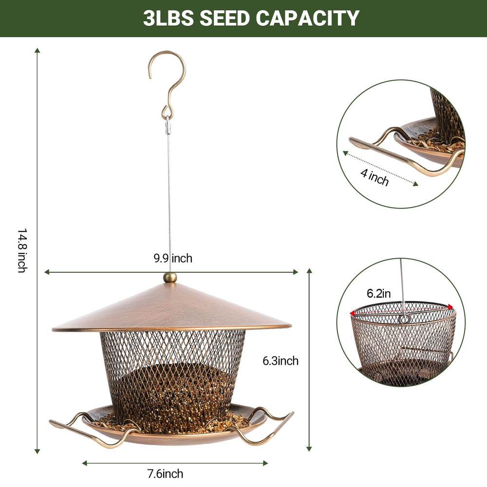 DALOHOMI feeder filled with seeds showing 3lb capacity, fewer refills needed