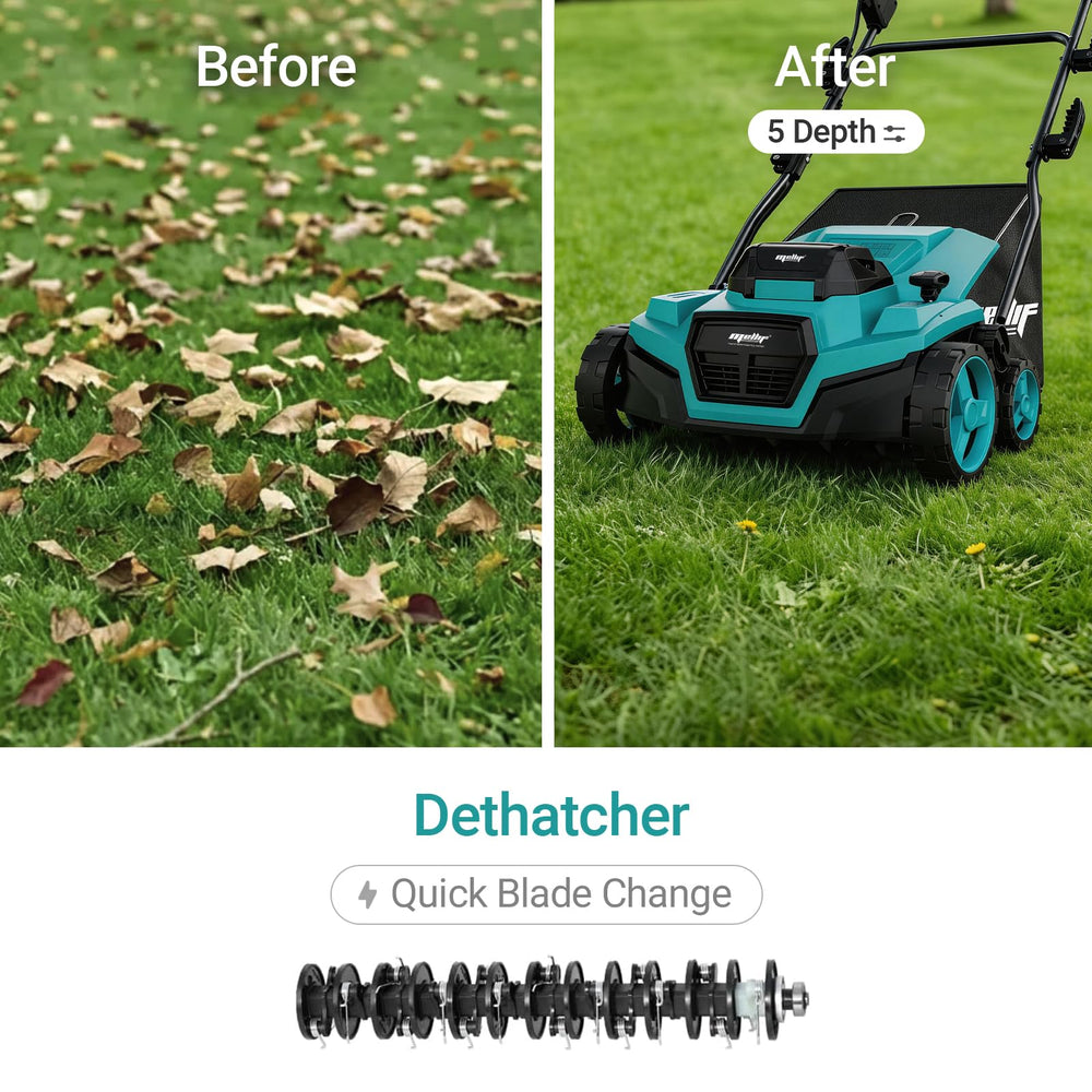 Danero with 12 gal thatch bag attached showing easy debris collection benefit