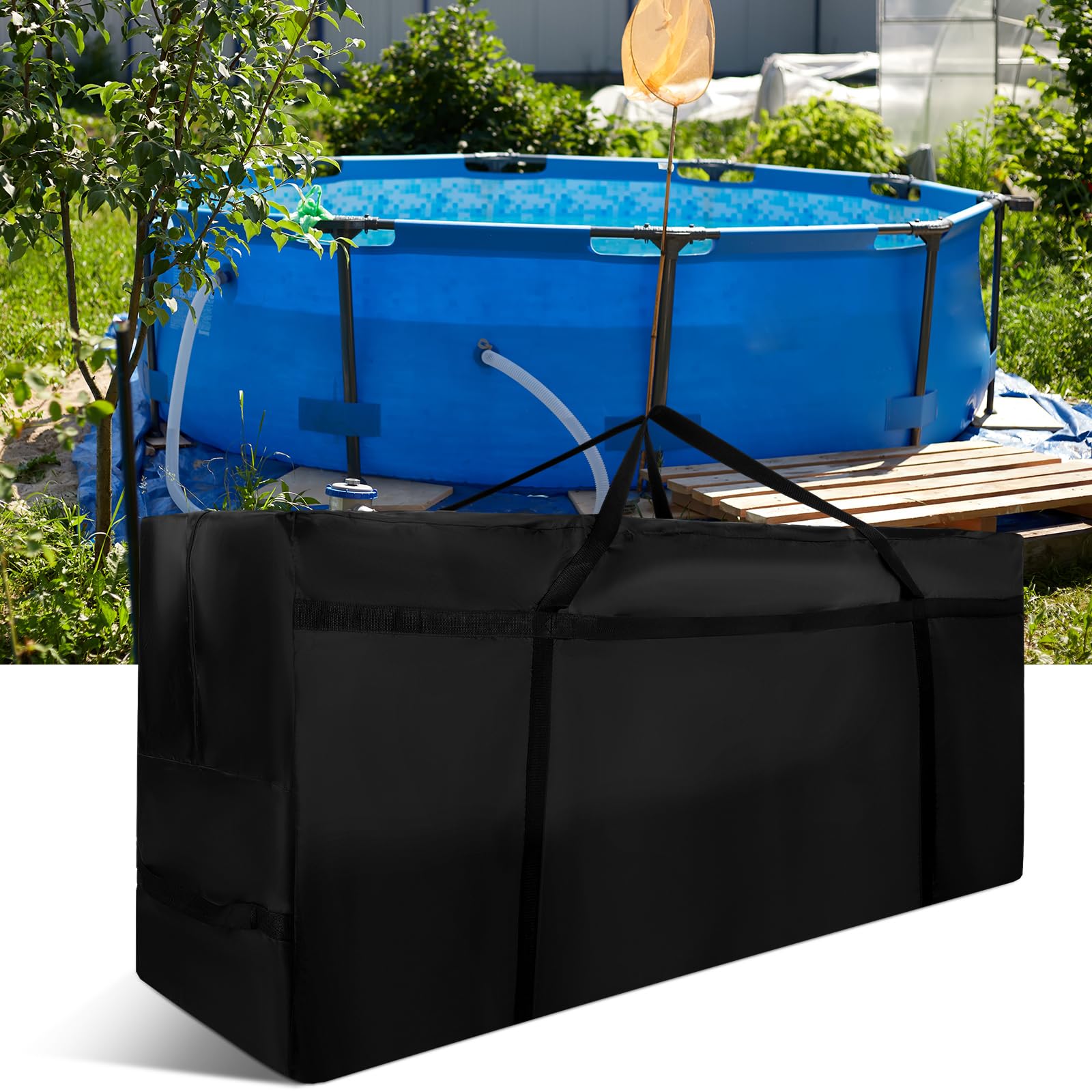 Dansydaisy front view showing full bag protecting pool parts and saving space