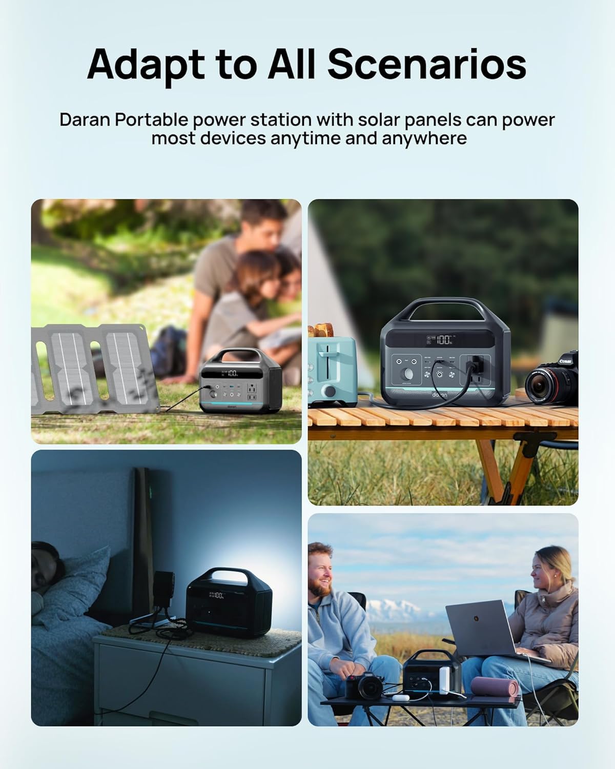 DARAN powering camping gear at a campsite to enable outdoor comfort