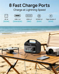DARAN side view with AC outlet powering a small appliance, reliable output