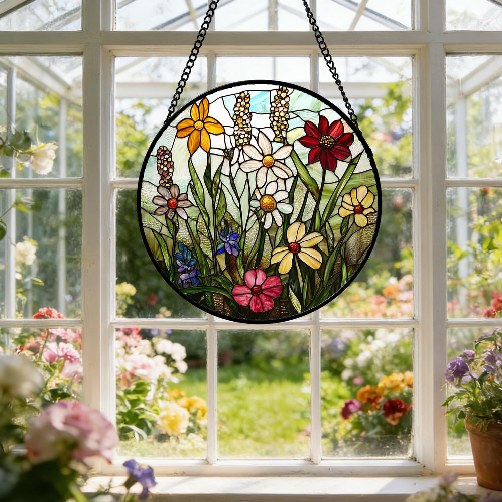 DASTOLL suncatcher in window with sun rays, creating colorful light patterns