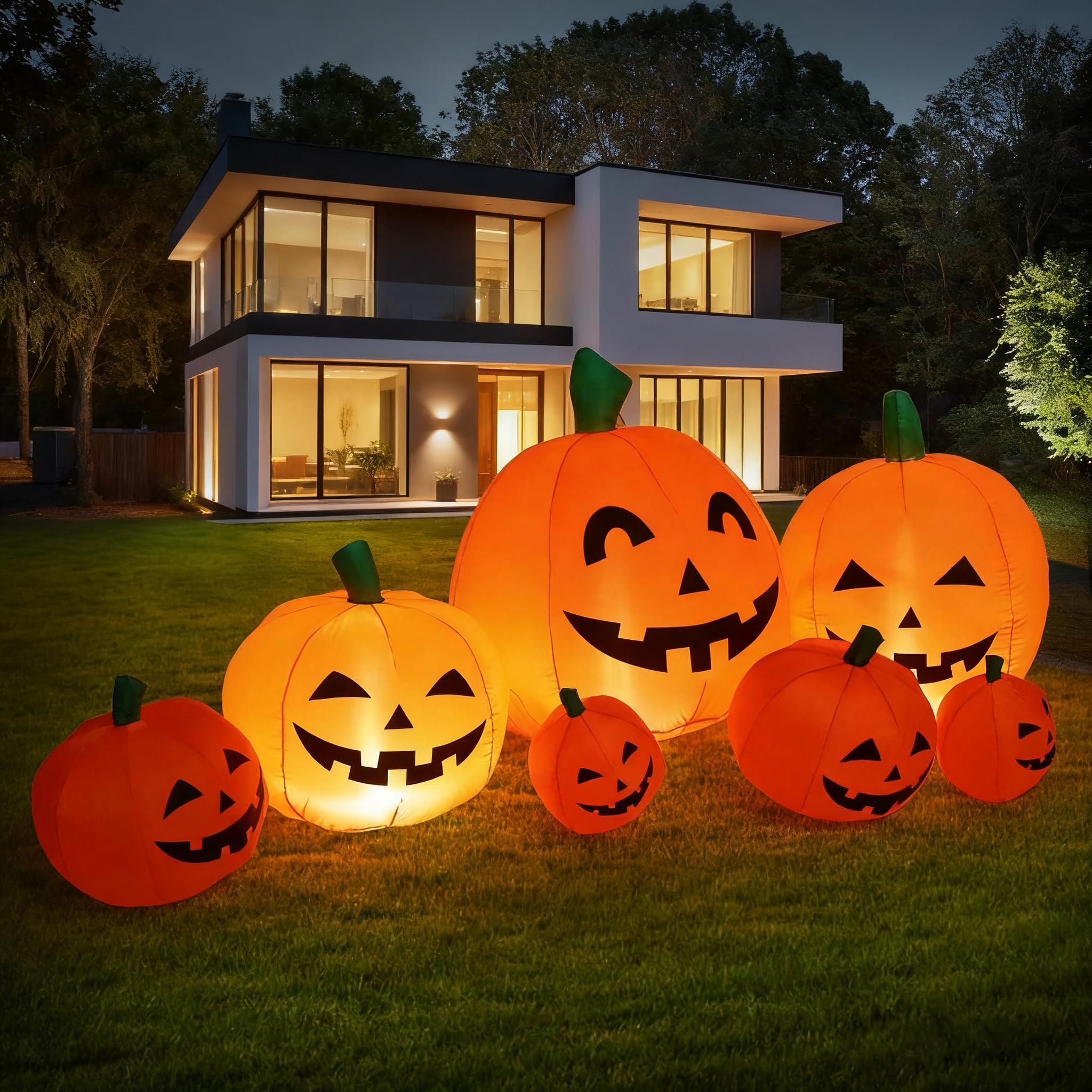 DearSun front view of 8ft inflatable pumpkin patch showing festive curb appeal