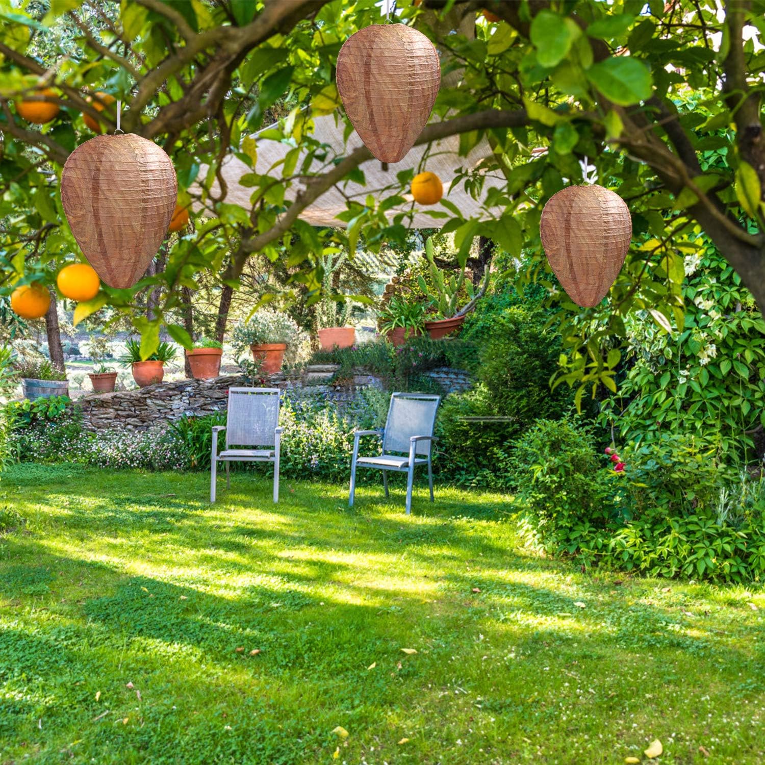 DECYOOL decoy in patio setting illustrating non-toxic deterrent for outdoor comfort