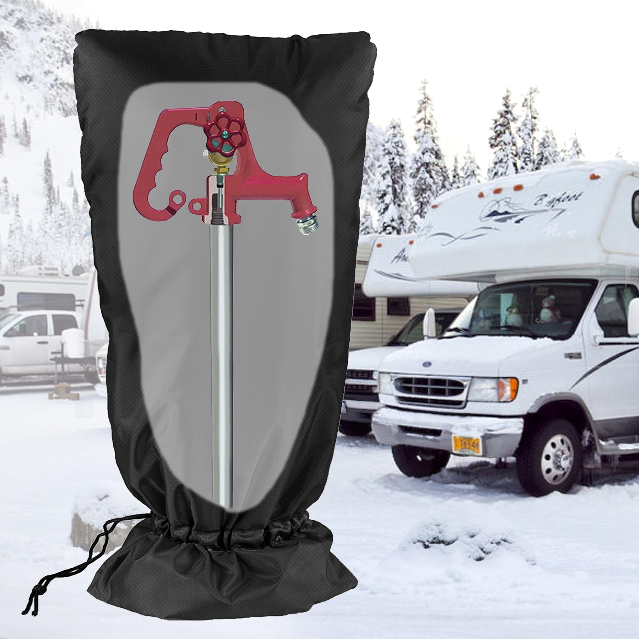 DEMEDO cover on a snowy yard hydrant demonstrating winter protection
