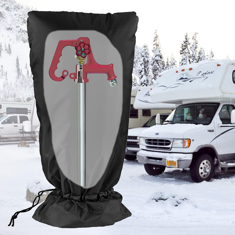 DEMEDO cover on a snowy yard hydrant demonstrating winter protection