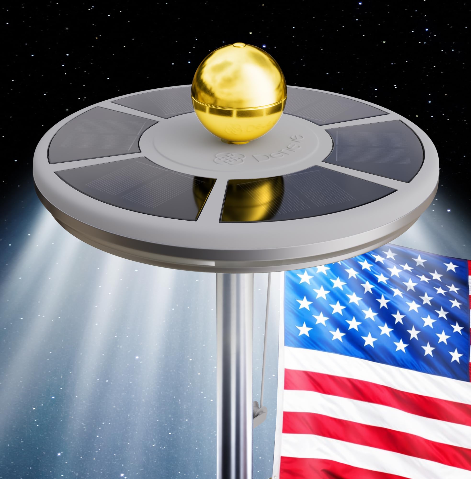 Deneve front view of silver solar flag pole light showing design and mount for easy installation