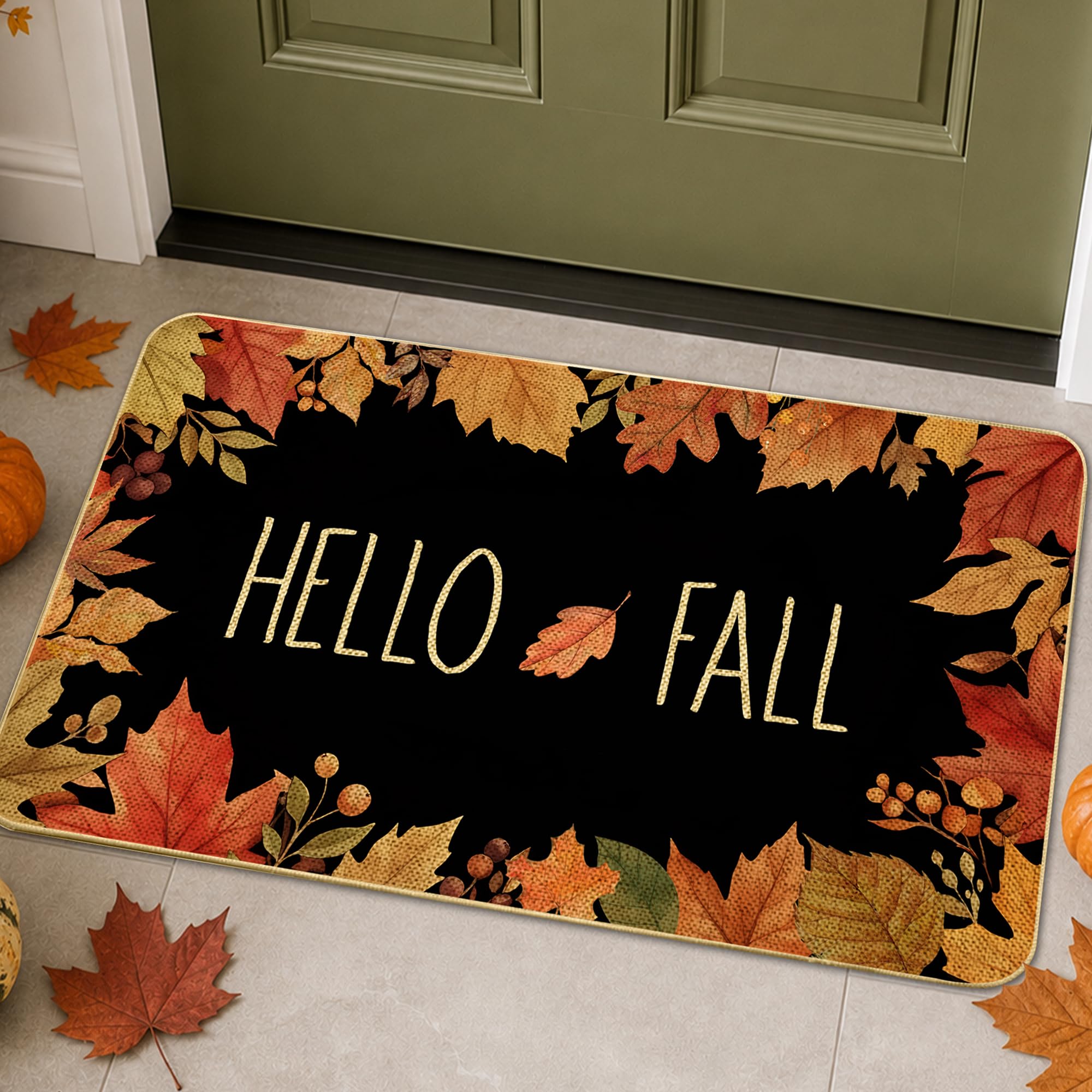 DewDolle front view Hello Fall mat adding seasonal curb appeal and protection