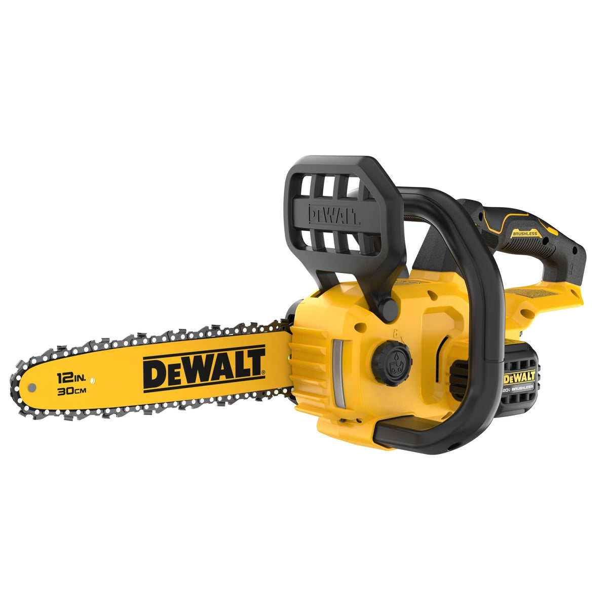 DEWALT 20V MAX chainsaw front view showing compact profile and portability