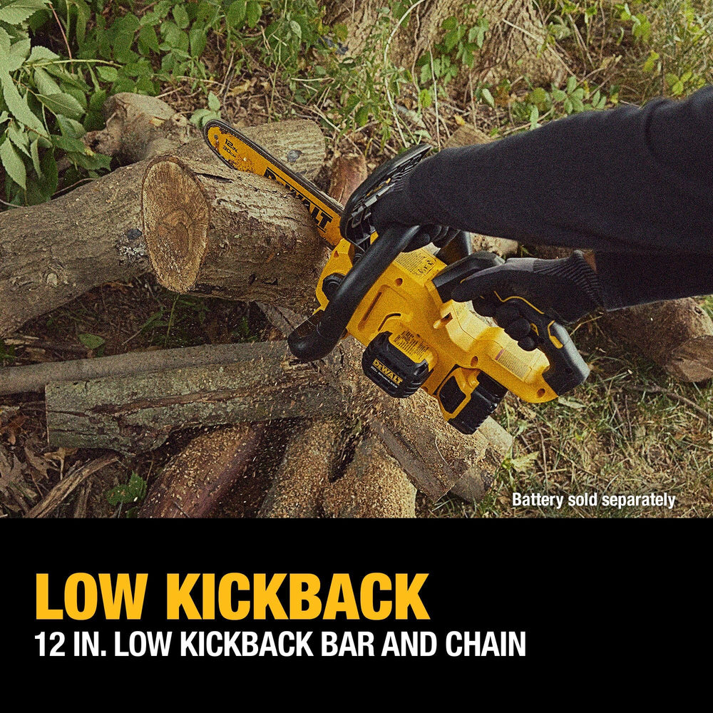 DEWALT chainsaw mounted to battery showing scale and cordless convenience