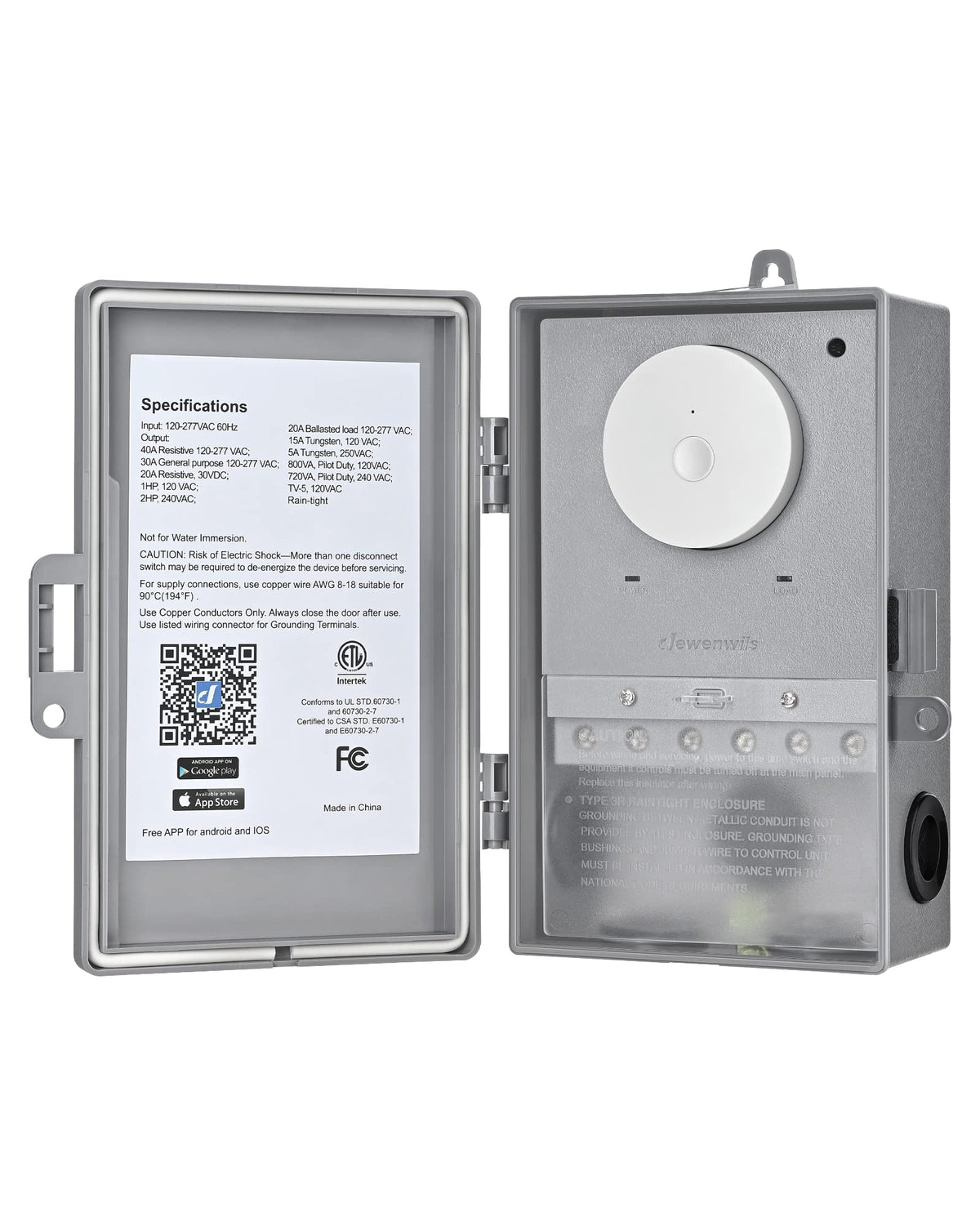 DEWENWILS front view of enclosed timer showing durable housing and clear labeling benefit