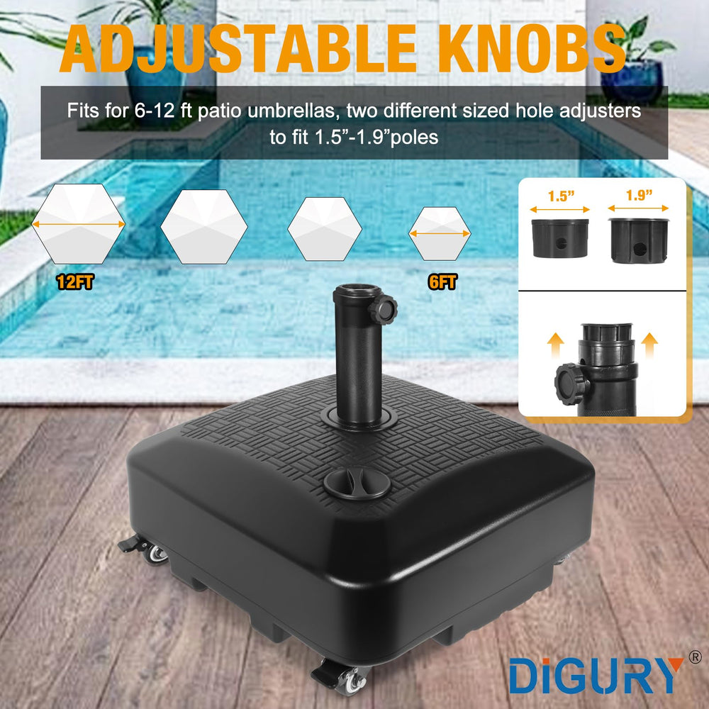Digury umbrella base in patio setting showing mobility and anchored shade benefit