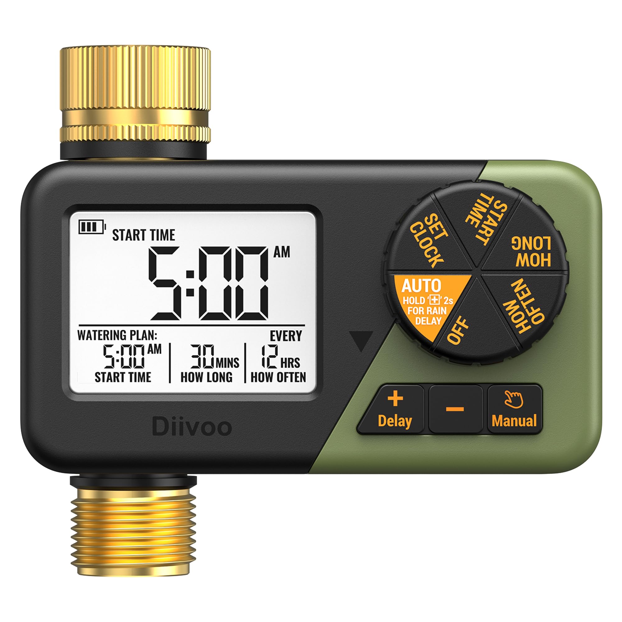 Diivoo front view of brass hose timer showing durable body and controls for reliable watering