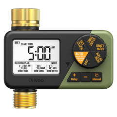 Diivoo front view of brass hose timer showing durable body and controls for reliable watering