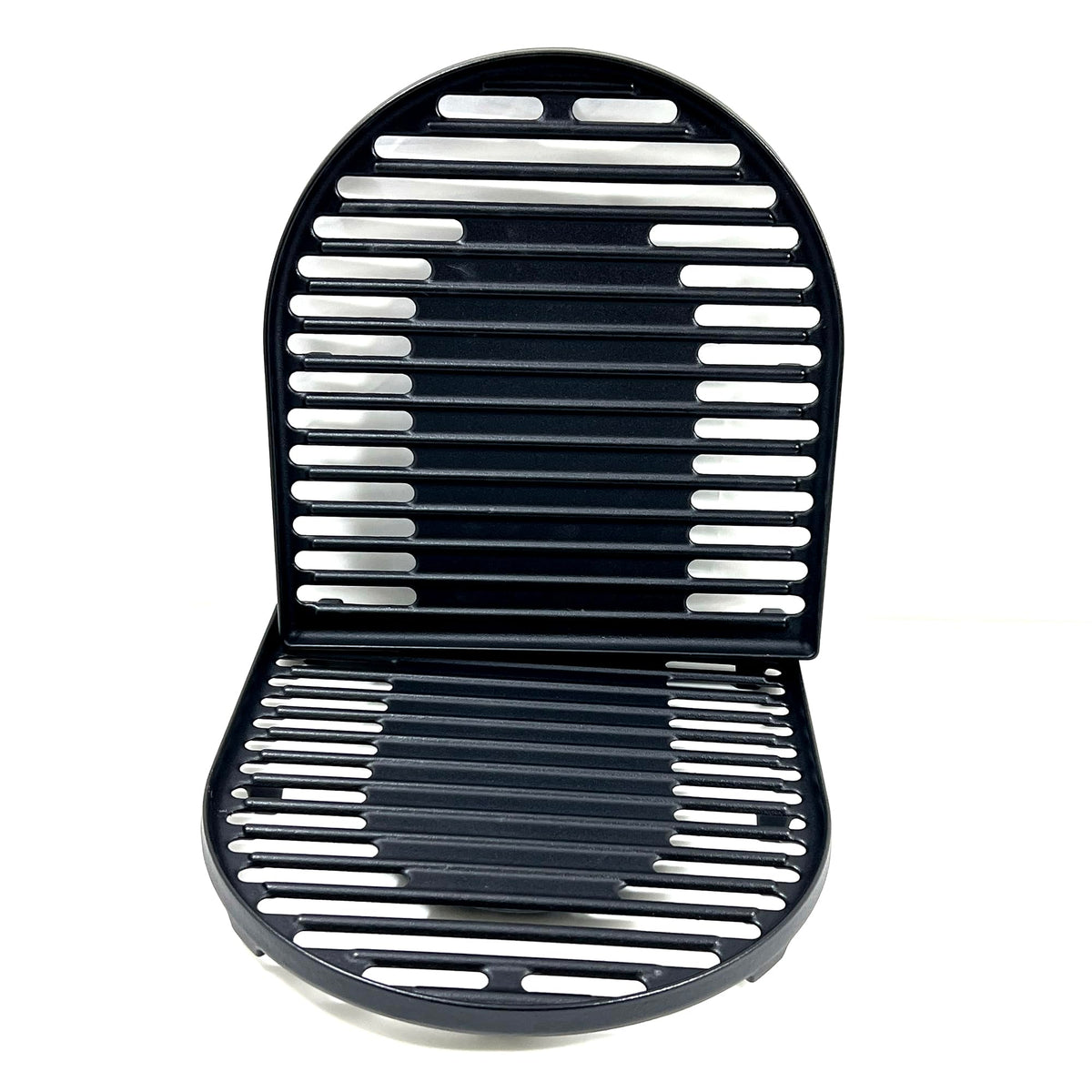 Direct Store front view of two cast iron grates showing full cooking area and fit for Coleman