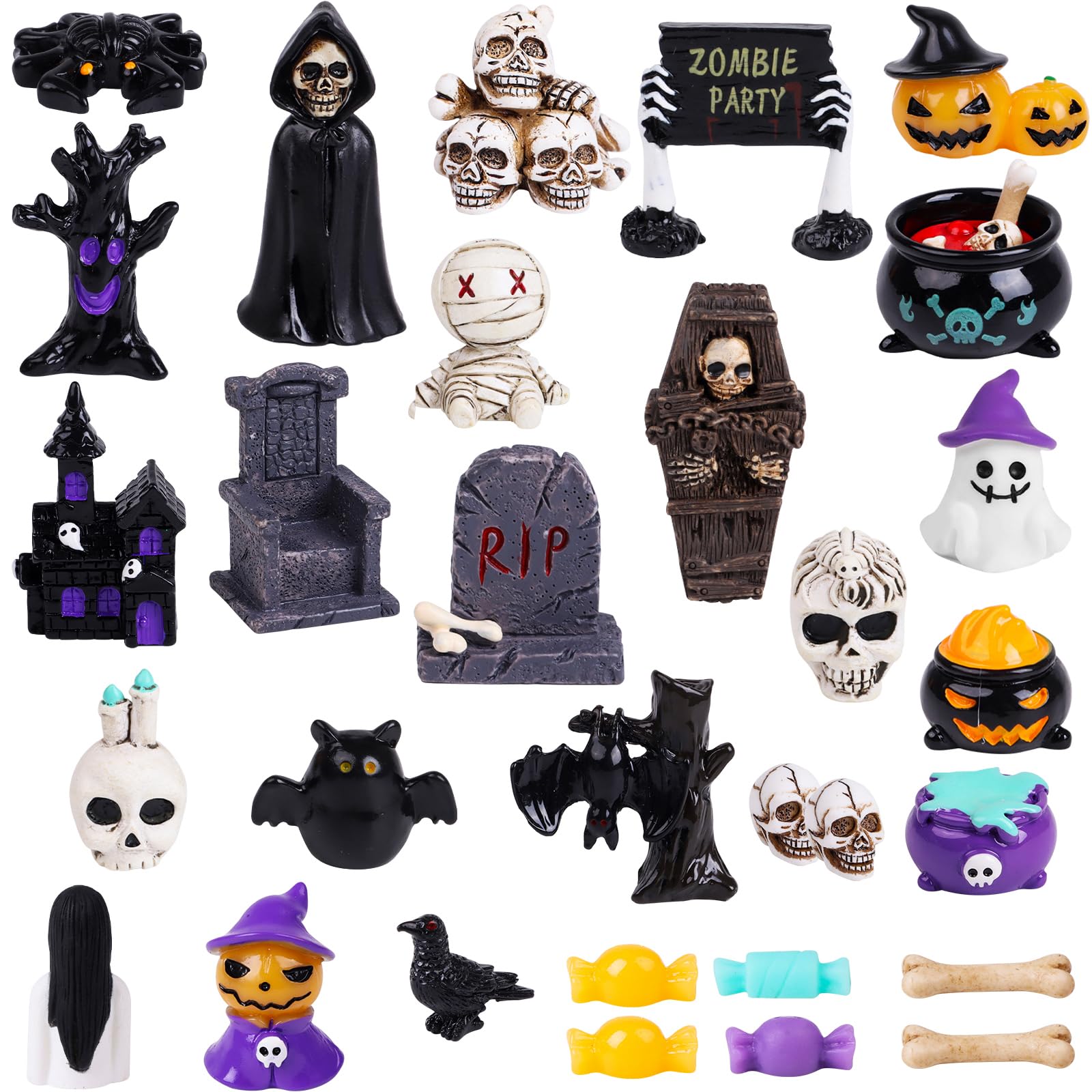 DIYASY front layout of all 40 miniature Halloween pieces showing variety and instant display use