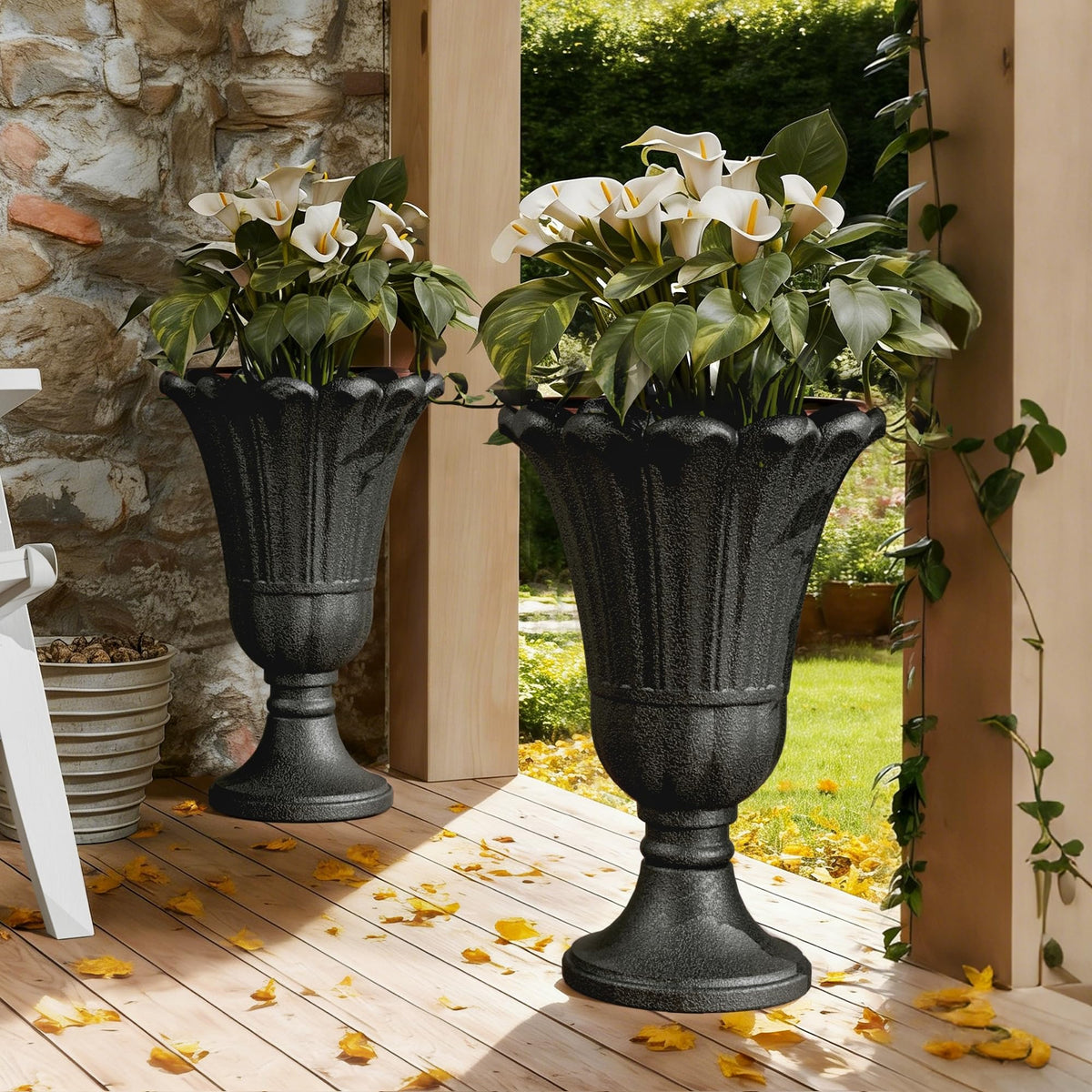 Diyfire front view of black urn planter showing vintage elegance and curb appeal