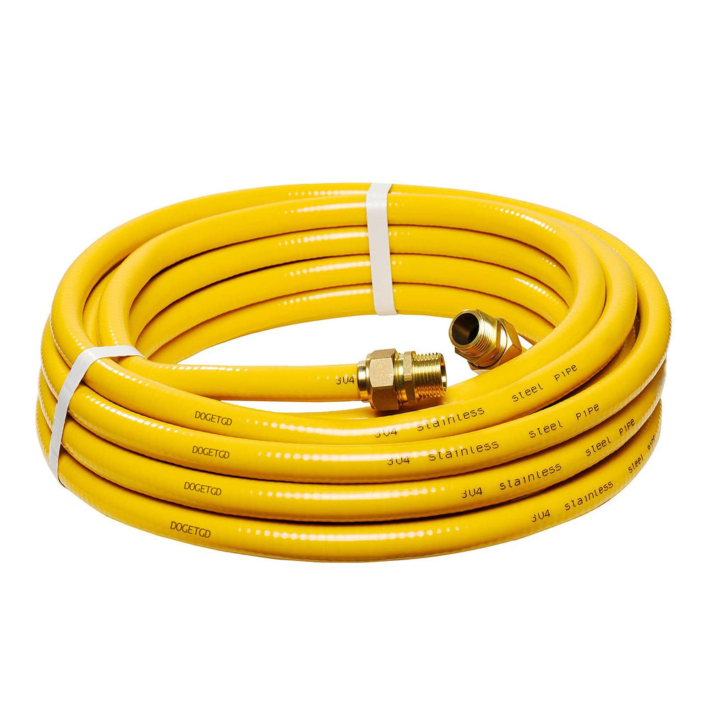 Dogetgd front view of 37ft CSST showing full coiled gas line and jacket, durable protection