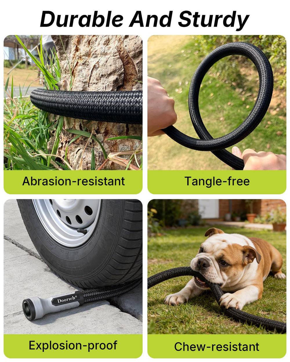 Doorich hose in use watering garden illustrating effortless maneuverability benefit