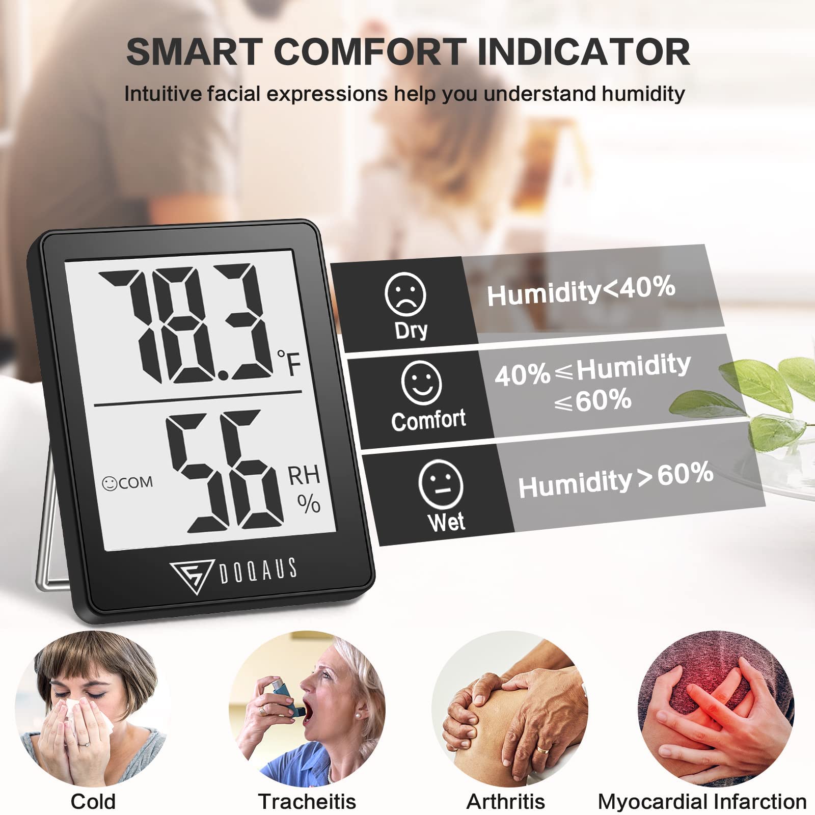 DOQAUS detail of comfort emoticon display that helps interpret humidity quickly