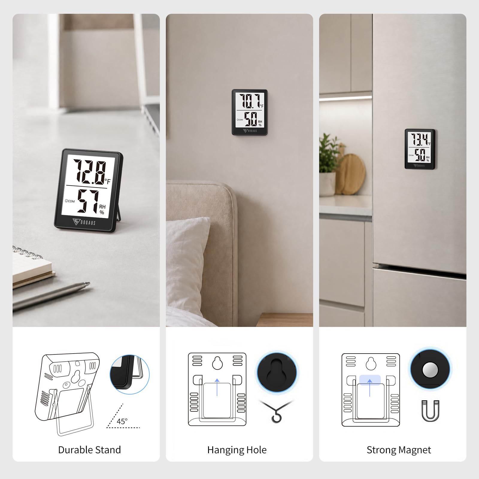 DOQAUS sitting on tabletop stand in living room for convenient room monitoring