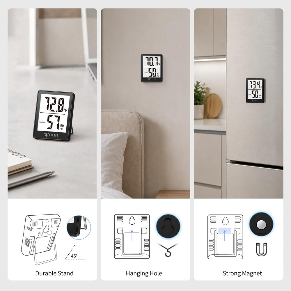 DOQAUS sitting on tabletop stand in living room for convenient room monitoring
