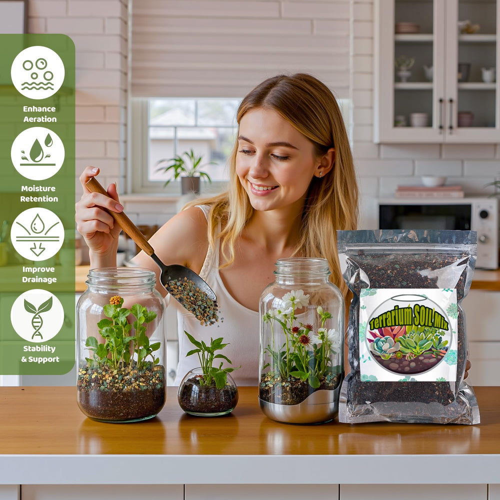 Doter soil used in a glass terrarium demonstrating healthy plant support