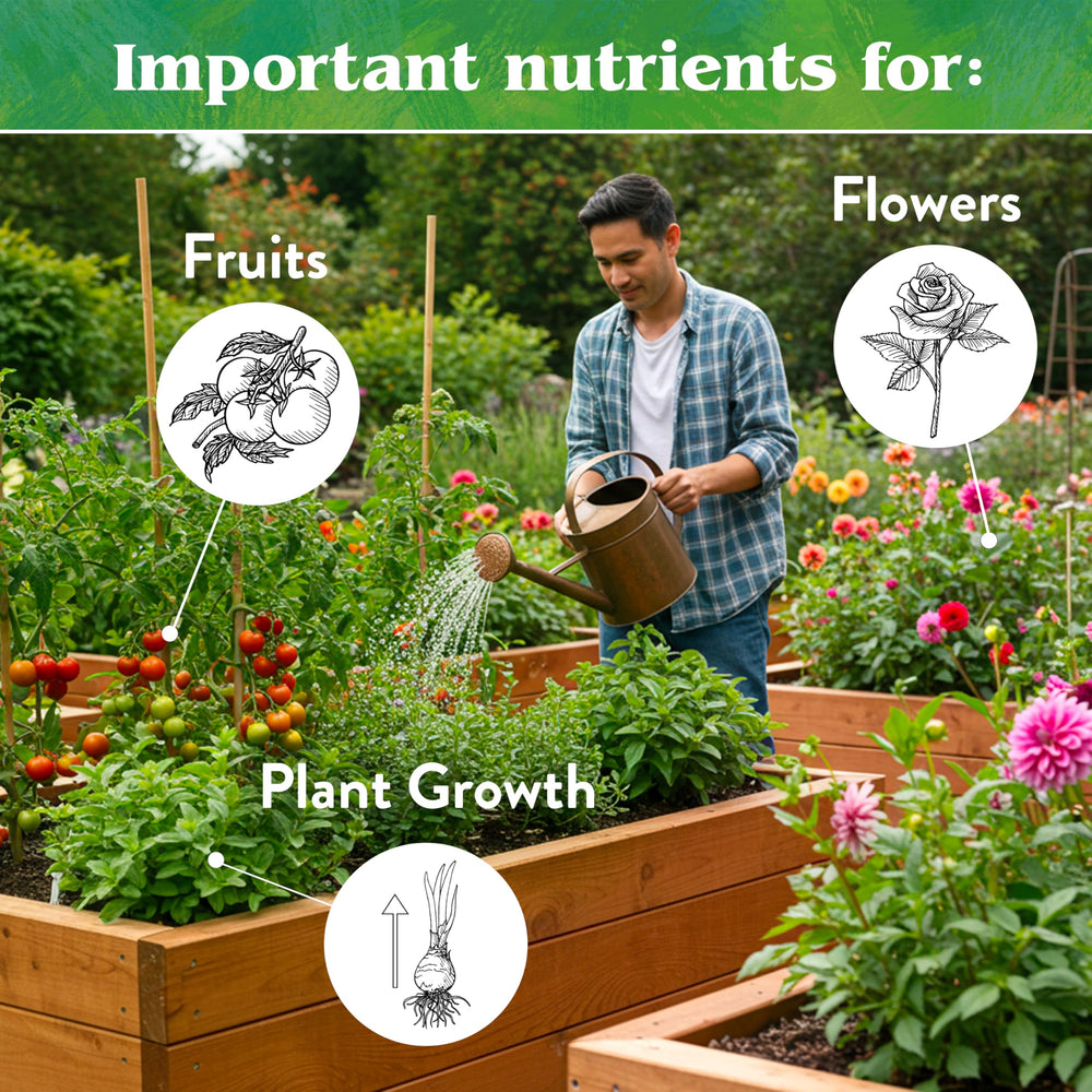 Down To Earth bag beside blueberry bush illustrating improved fruit nutrition