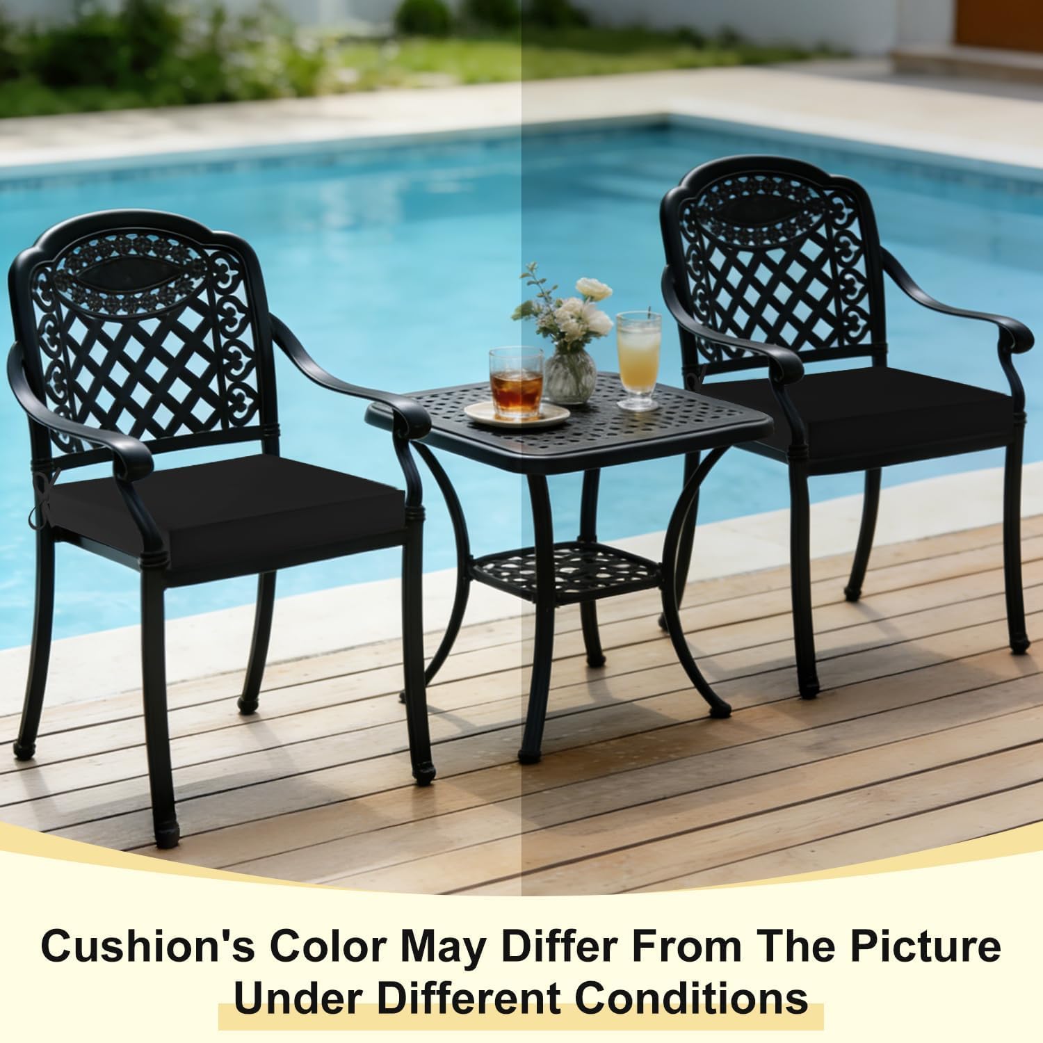 downluxe cushion size comparison on chair, illustrates 19x19x3 inch fit and scale