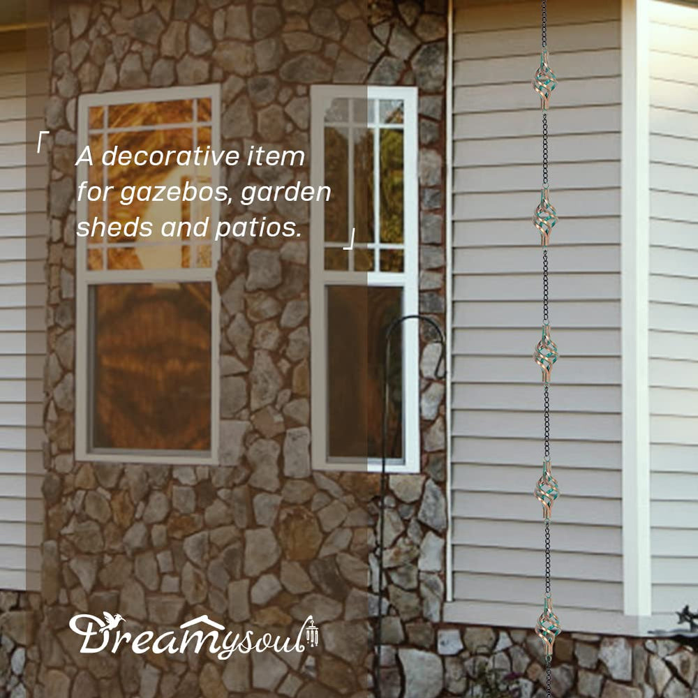 dreamysoul rain chain beside tape measure showing 9.7ft length for fit