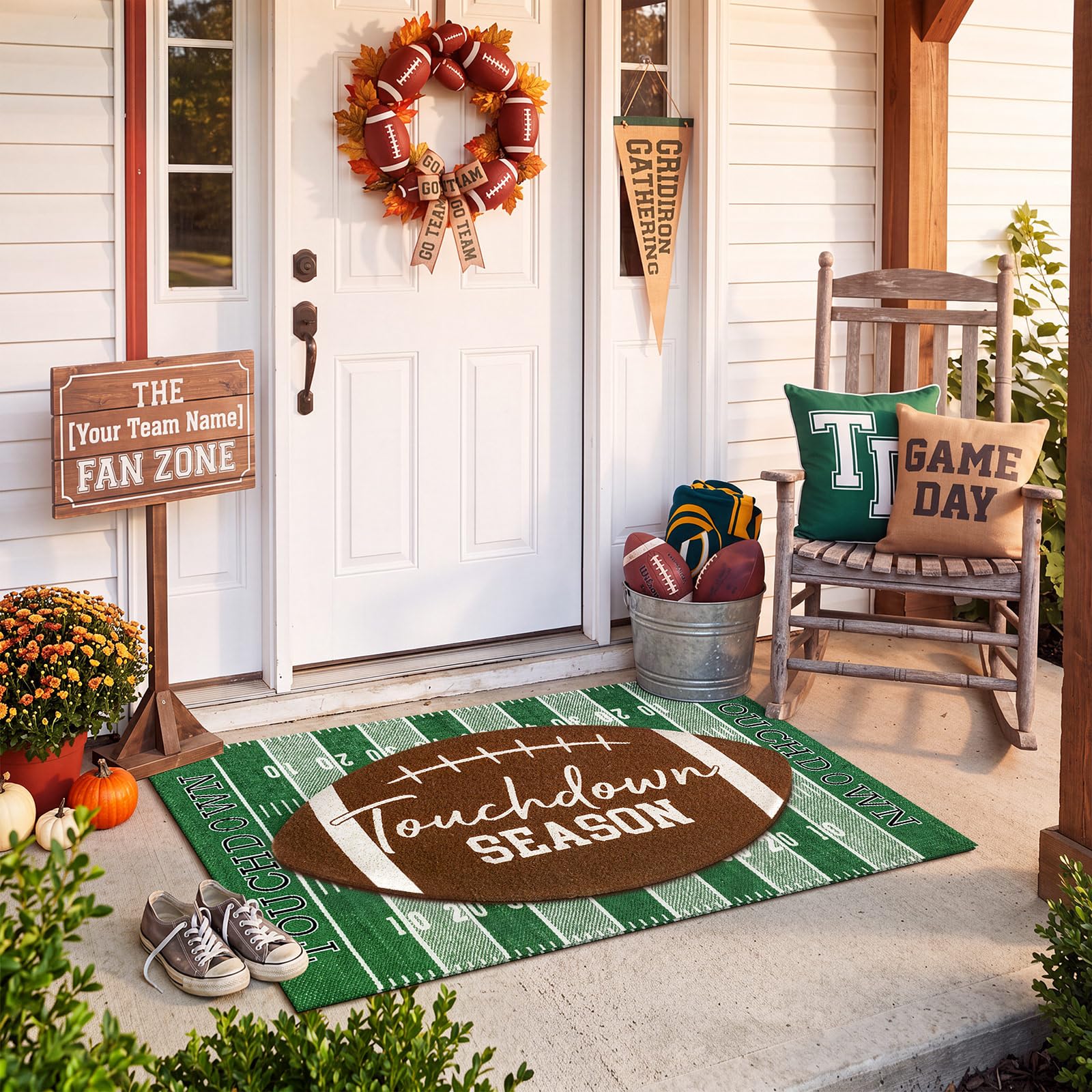 Drydiet green football field rug flat lay revealing yard-line pattern and full coverage benefit