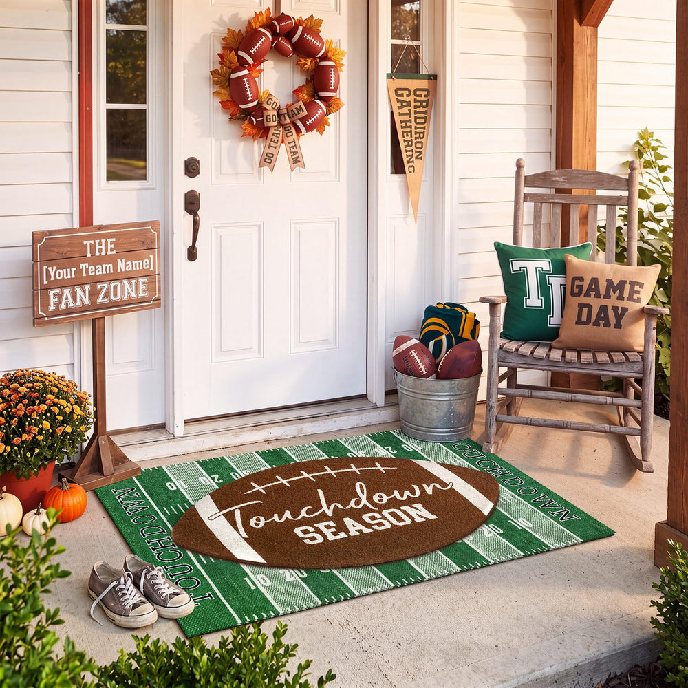 Drydiet green football field rug flat lay revealing yard-line pattern and full coverage benefit
