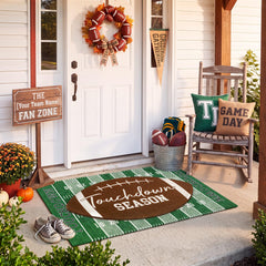 Drydiet green football field rug flat lay revealing yard-line pattern and full coverage benefit